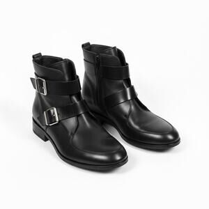 Top Shop Black Leather Double Buckle Ankle Boots Moto Harness Low Heel Size 39